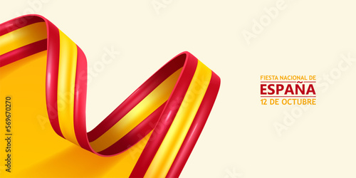 Spain national day, 12 de Octubre, fiesta nacional de Espana, bent waving ribbon in colors of the Spain national flag. Celebration background.