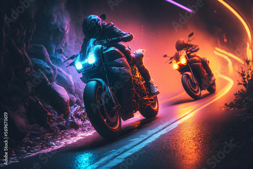 Foto Racing cyberpunk motorcycles down a road with neon lights