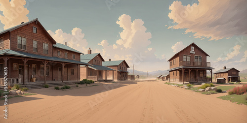 A street shot of a village in the wild west. AI. photo