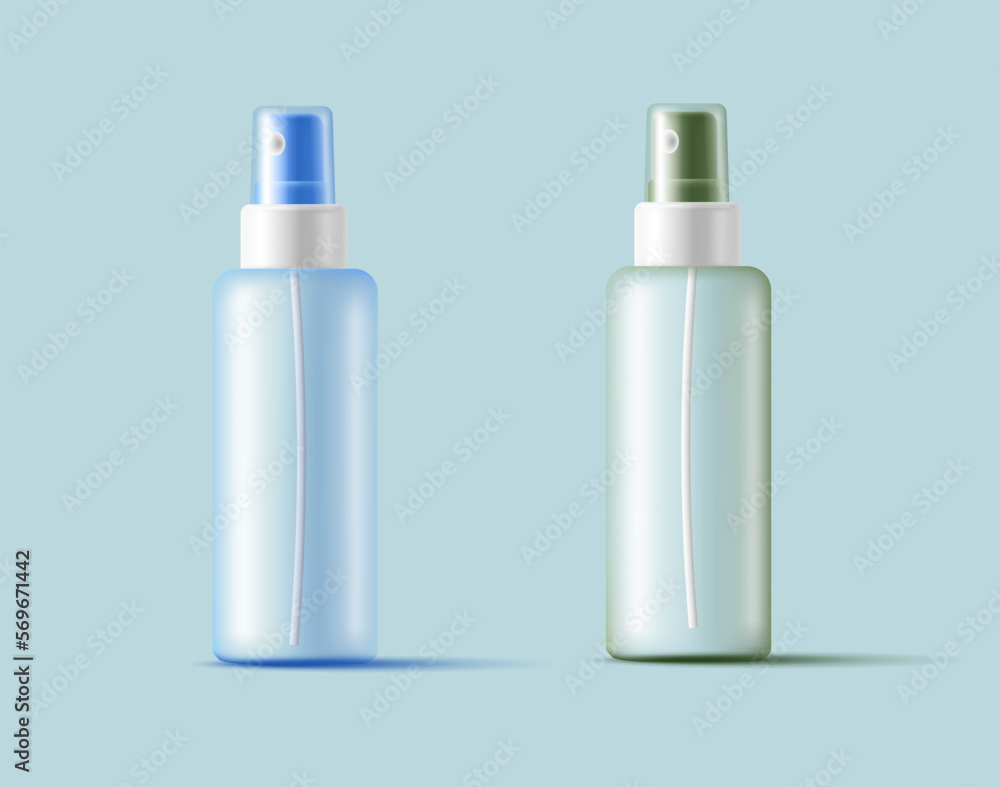 3d set of empty antiseptics, hand and body sprays. Transparent bottles with a bluish and green shade, for layout design and company advertising. 3d set of empty antiseptics, hand and body sprays. Transparent bottles with a bluish and green shade, for layout design and company advertising.