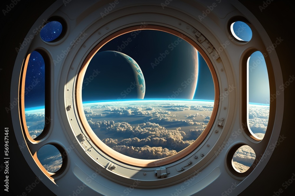 Space station window view Generative AI Space station window view Generative AI