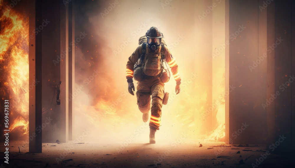 Fireman running into the burning building, firefighter on the way to