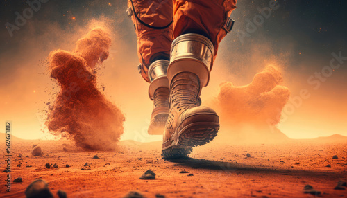Leinwand Poster First astrounaut step on Mars concept illustration, colonization of red planet G