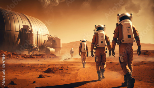 Tablou canvas Astronauts walking to colony at Mars, Generative AI science fiction illustration