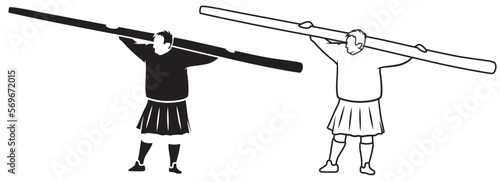 Caber toss. Scottish strongman athlete vector icon. Scotland man in kilt tossing the caber at highland games. Line art illustration