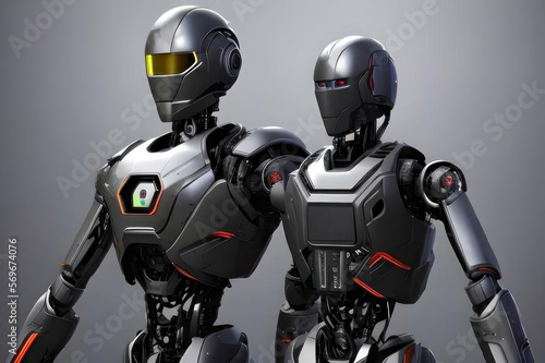 Two robots on a gray background. AI generated. © Iaroslav
