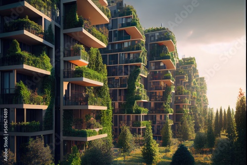 Green architecture concept art. Eco-friendly housing. Generative AI