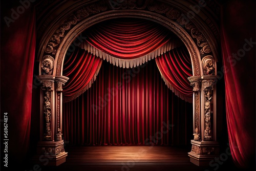 Red velvet curtain on a stage. Generative AI