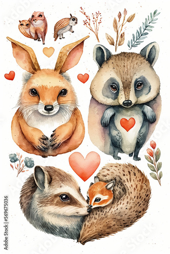 Set of animals  illustrations in Water color, hearts and flowers, love card for valentine ,Generative AI