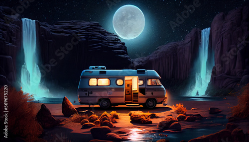 motorhome camping trip with a campfire and moonlight generated by AI photo