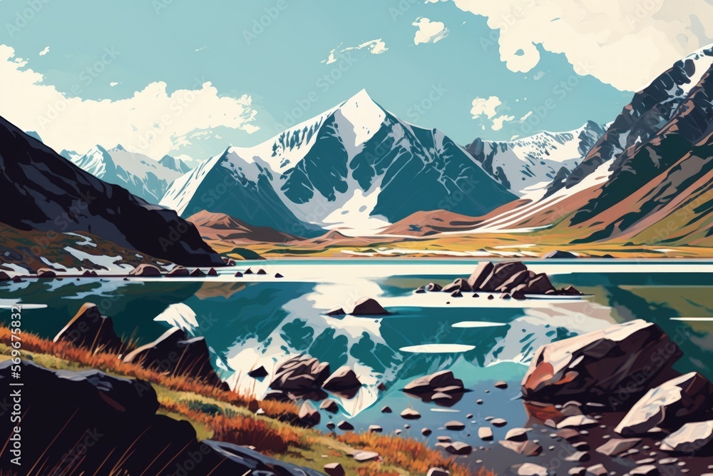 View of the snow capped peaks from the Altai mountains' second multinsky lake. Generative AI