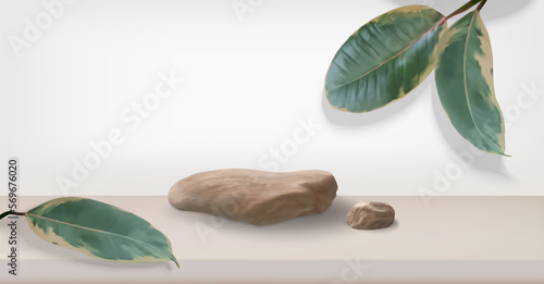 White grey d pastel background with stone product display presentation and tropical ficus leafs. Vector render studio room in the 3d with podium platform.