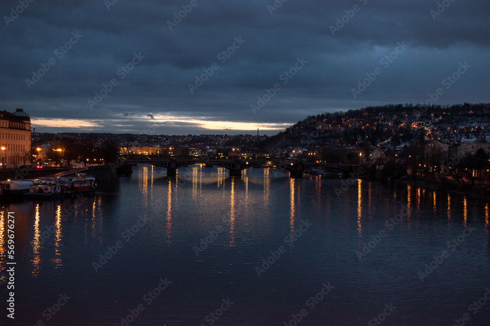 Prague seven bridges view. Beautiful view on Prague bridge at dusk from Letna park. Shot at blue hour of Europe travel, sightseeing and tourism.