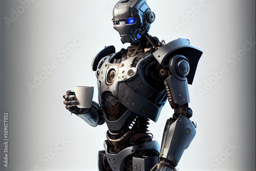 Cyborg robot with a cup of coffee on white background. Generative AI © Generative Professor