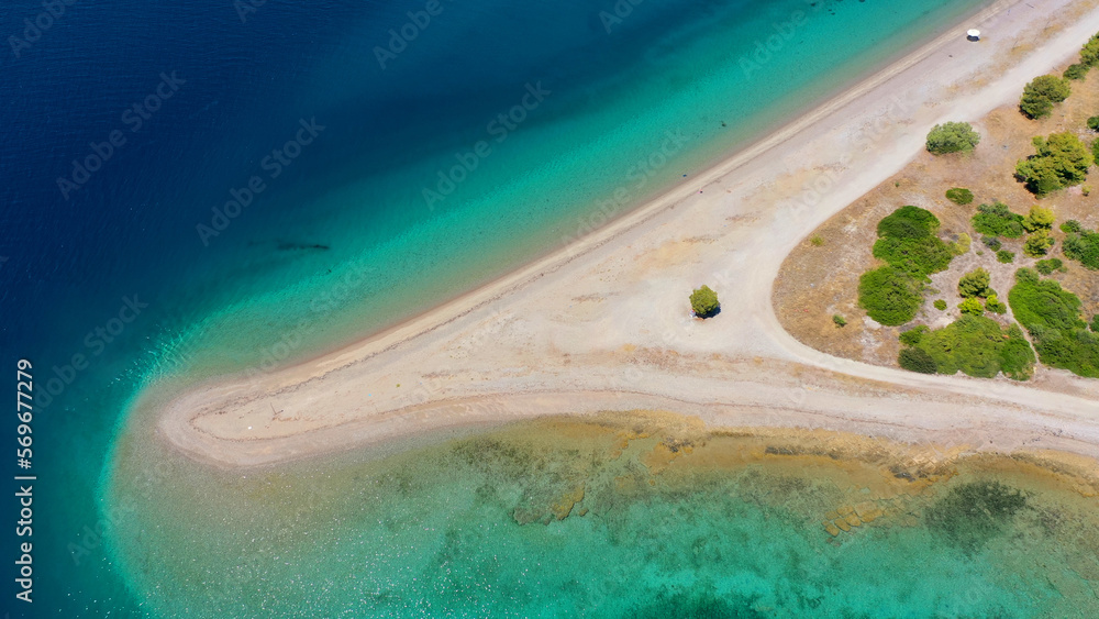 Aerial drone photo of paradise island complex of Lihadonisia forming beautiful beaches and a blue lagoon, North Evia island, Greece