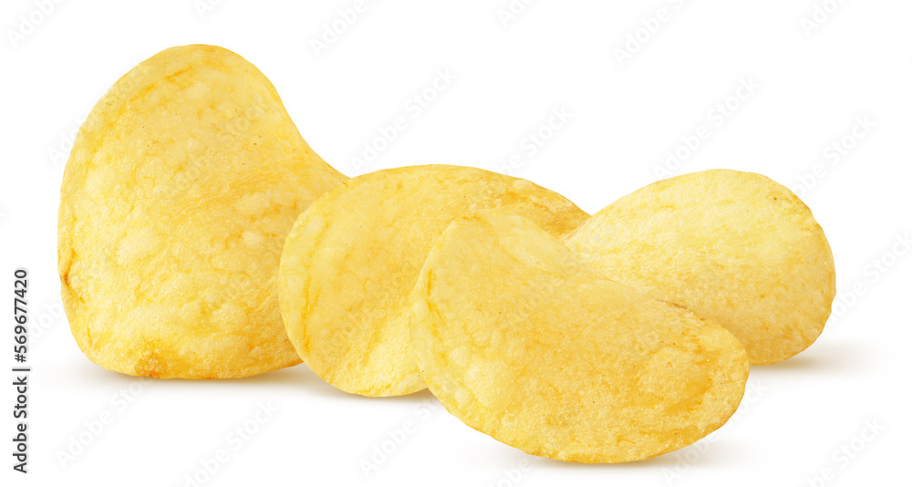 Isolated chips. Group of potato chips isolated on white background, with clipping path Isolated chips. Group of potato chips isolated on white background, with clipping path