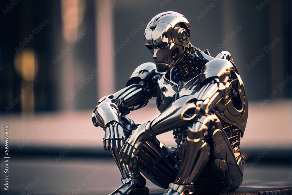 Tired robot AI humanoid cyborg sitting on the ground. Generative AI Tired robot AI humanoid cyborg sitting on the ground. Generative AI