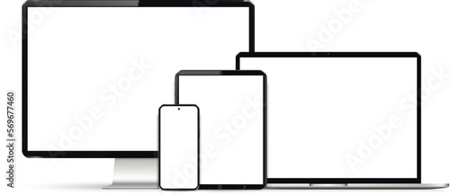 Realistic set computer, laptop, tablet and smartphone. Device screen mockup collection.