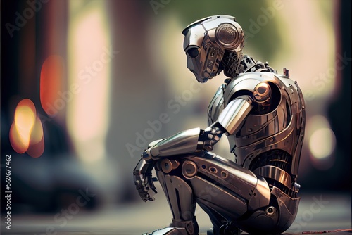 Tired robot AI humanoid cyborg sitting on the ground. Generative AI