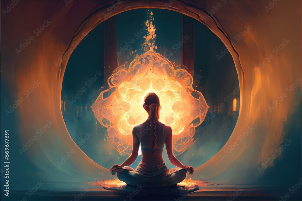 Meditating woman doing yoga in the lotus position. Fire in the background. Generative AI Meditating woman doing yoga in the lotus position. Fire in the background. Generative AI