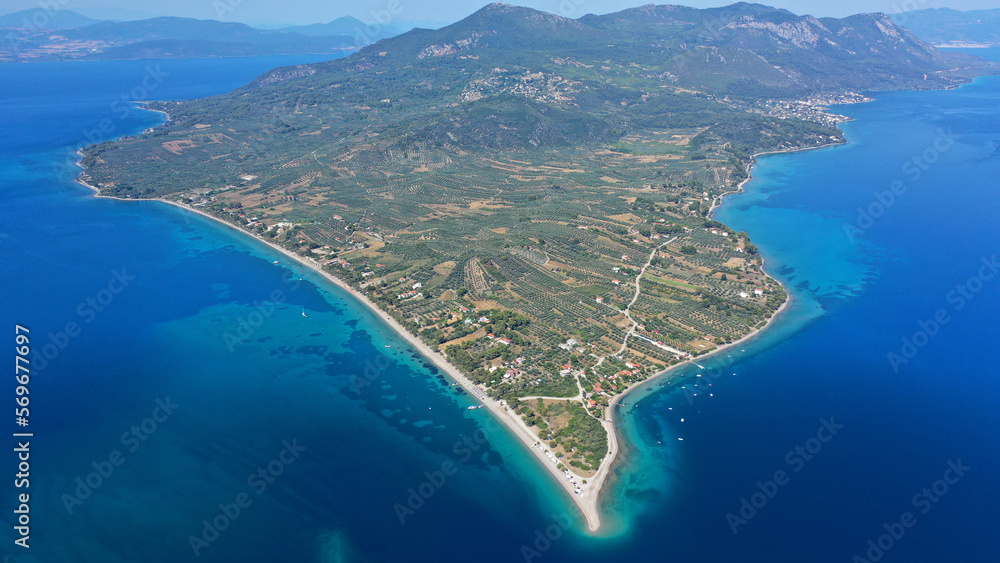 Aerial drone photo of sandy peninsula and area of Kavos in Northern Evia island, Greece