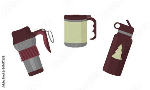 Vector thermo mug set. Flat illustration of a coffee cup. Travel reusable bottle and tumbler for water drink. Thermo botttle and mug cartoon. Coffee cup icons