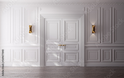 
Neoclassical luxury empty room with white double doors.