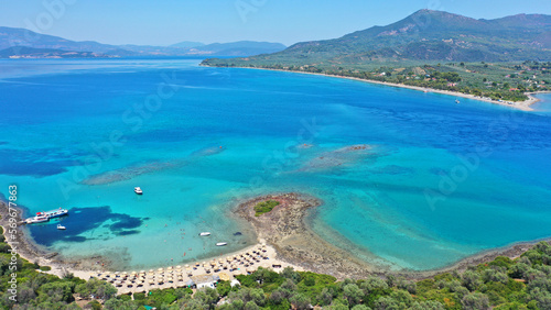 Aerial drone photo of paradise island complex of Lihadonisia forming beautiful beaches and a blue lagoon  North Evia island  Greece