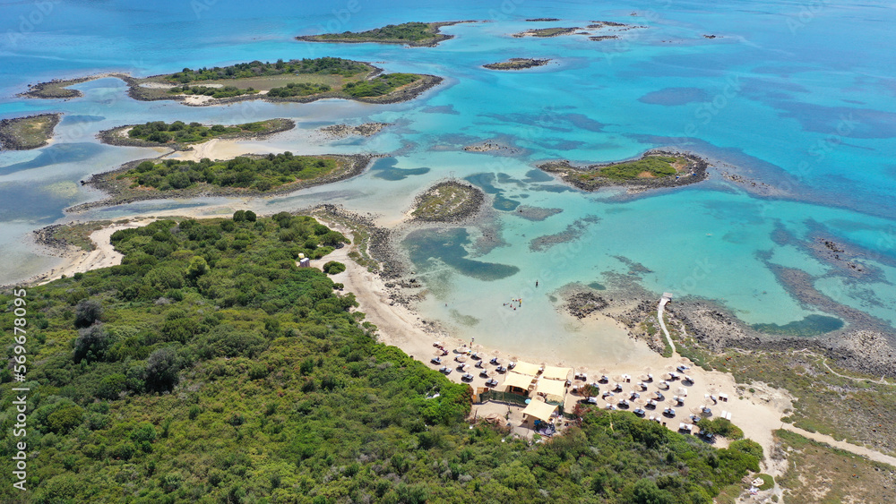 Aerial drone photo of paradise island complex of Lihadonisia forming beautiful beaches and a blue lagoon, North Evia island, Greece