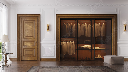 Neoclassical interior design. Luxury living room with wooden doors and wardrobe, premium style.  photo
