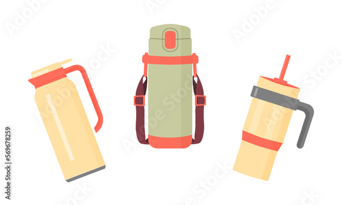 Vector thermo mug set. Flat illustration of a coffee cup. Travel reusable bottle and tumbler for water drink. Thermo botttle and mug cartoon. Coffee cup icons