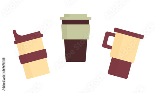 Vector thermo mug set. Flat illustration of a coffee cup. Travel reusable bottle and tumbler for water drink. Thermo botttle and mug cartoon. Coffee cup icons