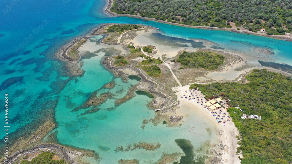 Aerial drone photo of Mediterranean paradise destination island complex with sandy organised beaches and turquoise clear sea