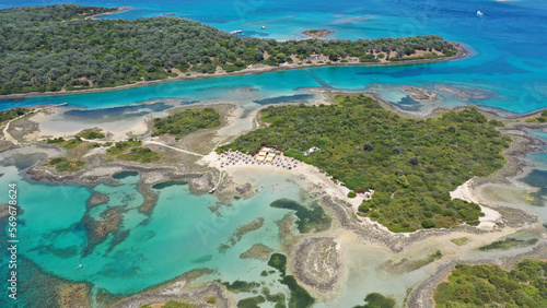 Aerial drone photo of paradise Mediterranean complex with crystal clear beaches and turquoise clear sea