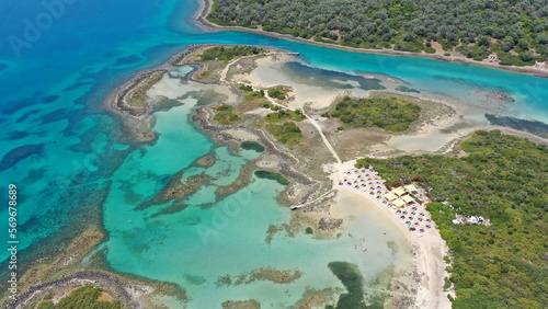 Aerial drone photo of Mediterranean paradise destination island complex with sandy organised beaches and turquoise clear sea © aerial-drone