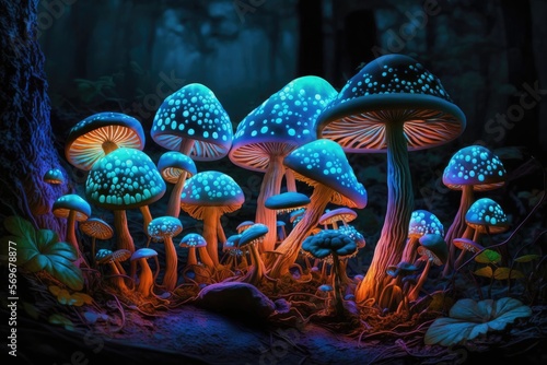 A Hauntingly Beautiful Sight - Fluorescent Mushrooms in the Woods Generative AI  © Lucija
