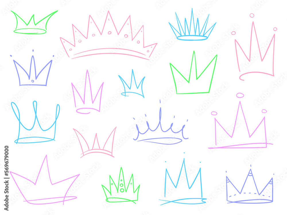 Set of crowns on white. Signs for design. Hand drawn simple objects. Line art. Colorful illustration. Sketchy elements for posters and flyers Set of crowns on white. Signs for design. Hand drawn simple objects. Line art. Colorful illustration. Sketchy elements for posters and flyers