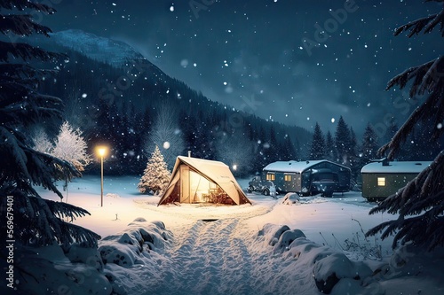 Camping in winter Under the Snowy Night Sky. Photo AI