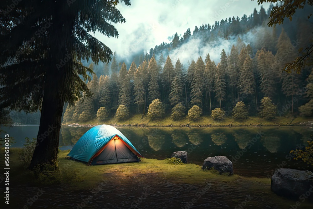 Camping in a Tent Under the Pine Trees by the Lake. Photo AI
