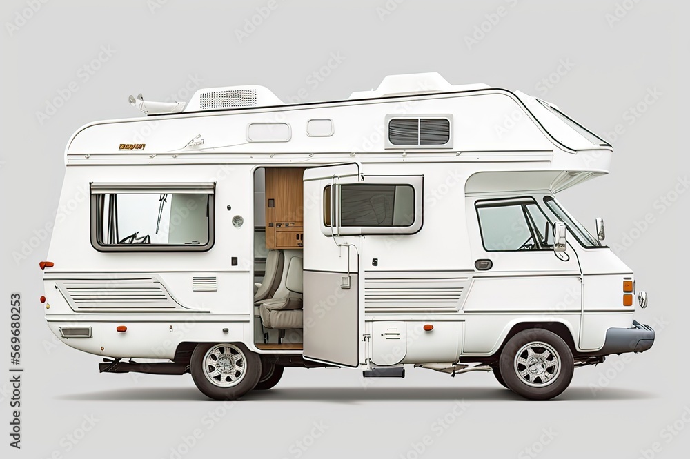 White Motorhome Camping - Clean Side View Isolated on White Background. Photo AI White Motorhome Camping - Clean Side View Isolated on White Background. Photo AI