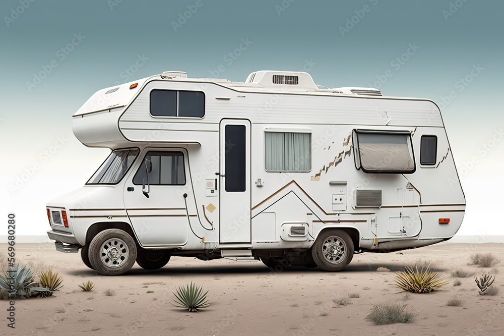 White Motorhome Camping - Clean Side View Isolated on White Background. Photo AI