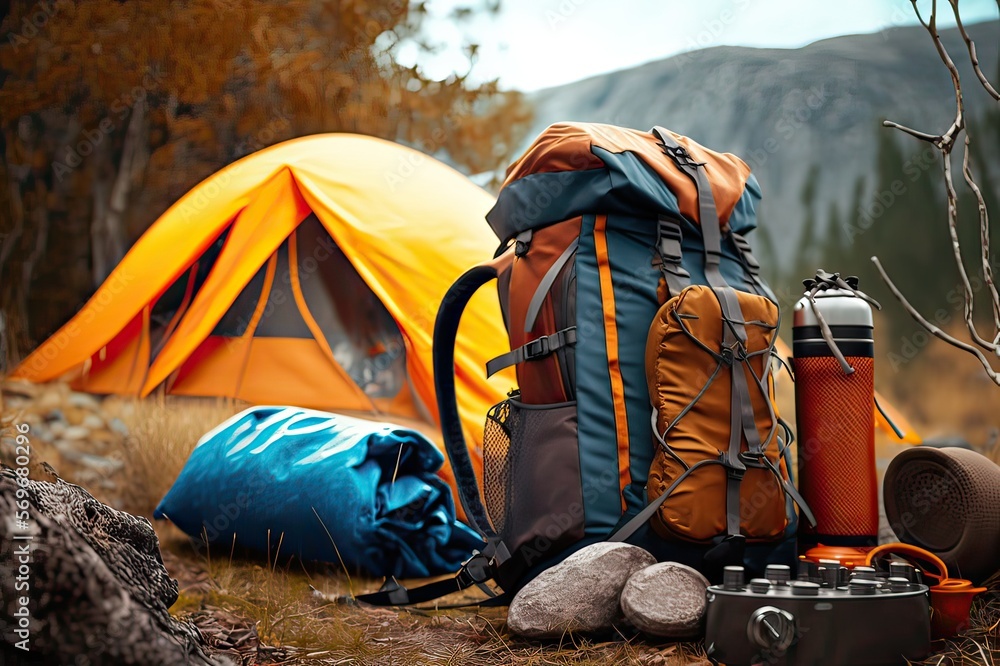 Essential Gear for Wilderness Mountain Hiking: Camping Equipment and Accessories. Photo AI - obrazy, fototapety, plakaty 