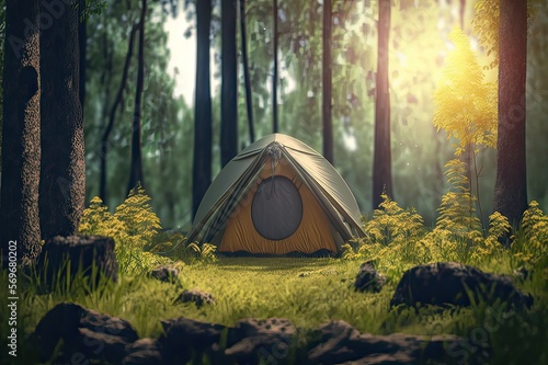 Camping in the Woods, the Nature with a Tourist Tent!. Photo AI