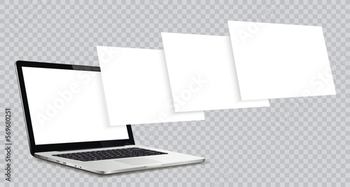 Laptop computer mockup with blank wireframing pages isolated on transparent background. Concept for showcasing web-design projects.