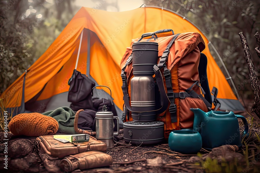 Essential Gear and Accessories for Mountain Hiking in the Wilderness Camping. Photo AI - obrazy, fototapety, plakaty 