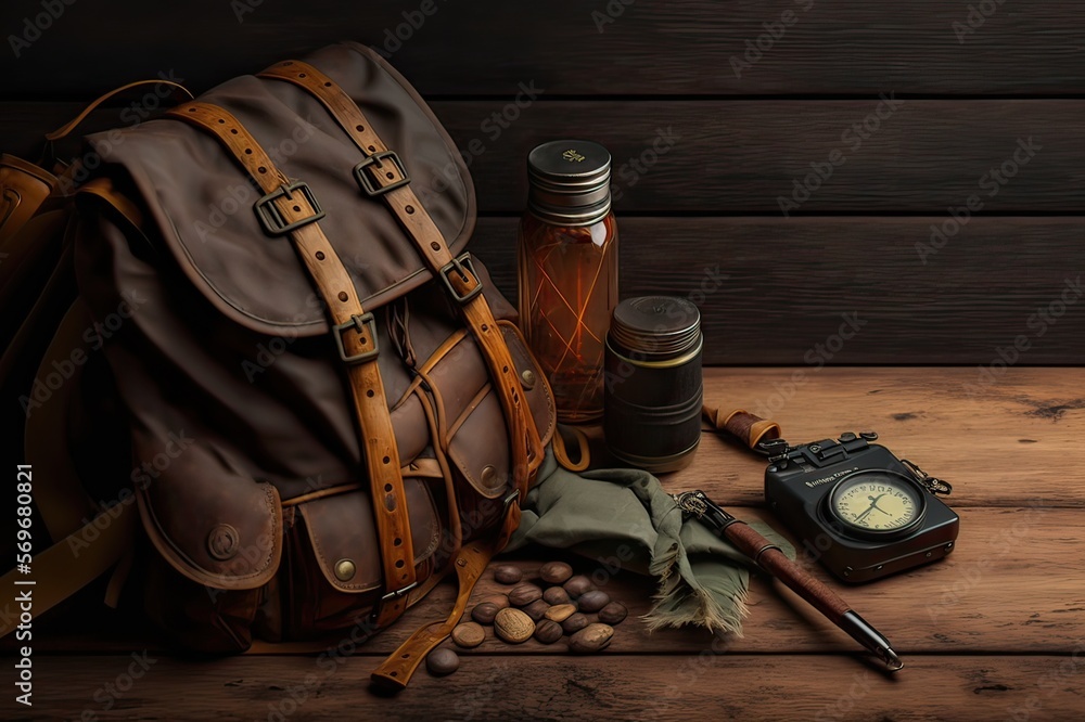 Essential Camping Gear for Trekking: Stylishly Displayed on a Wooden Background. Photo AI