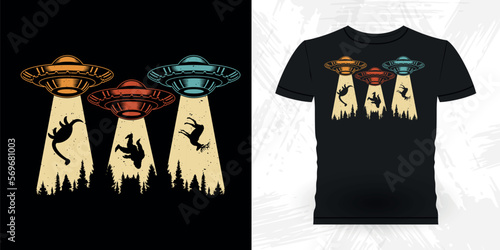 Deer And Bigfoot  Funny Retro Vintage UFO Alien T-shirt Design