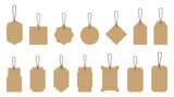 Set of blank cardboard price tags in different shapes. Collection of labels with string