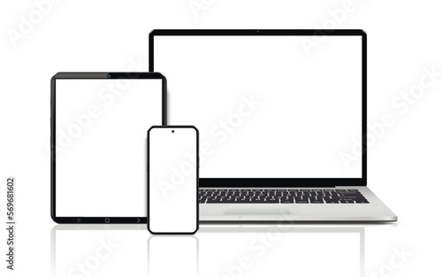 Laptop computer, tablet and mobile phone. Flat lay detailed and realistic devices mockup