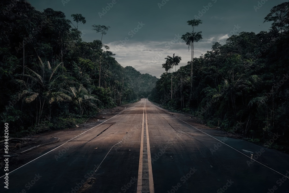 driving on highway - Jungle Forest - Illustration created with Generative ai
